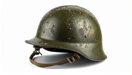 Vintage French Adrian military helmet with crest and central badge showing wear and rust on white background for editorial historical photography wartime memorabilia and military design-themed visuals
