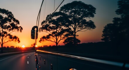 Scenic Sunset Drive Reflections Bus Window View of Road Trip Landscape Trees and Sky