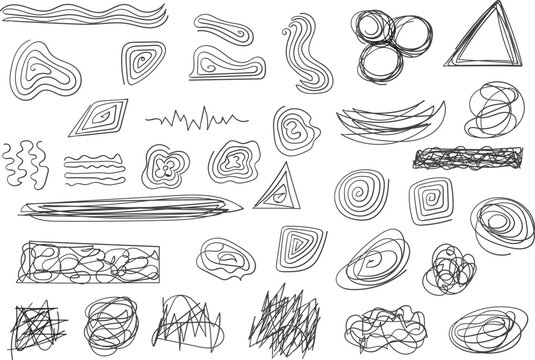 Hand-Drawn Abstract Scribble Shapes Collection of  Black Sketch Doodles and Messy Chaotic Lines for Graphic Design Overlay Elements Vector
