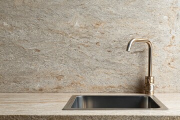 Kitchen sink and faucet mounted on a granite countertop and backsplash.