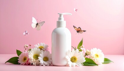 A white soap bottle with a natural theme of flowers and butterflies against a pink background.