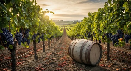 Vineyard landscape with grape vines and barrel