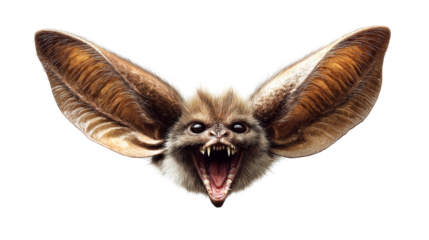 Furry bat creature with huge ears and bared teeth, cut out transparent