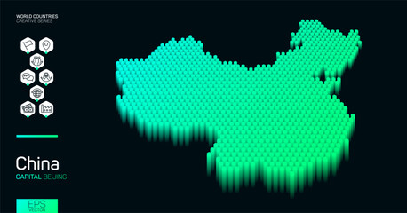 Isometric map of China with green hexagons