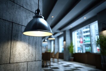 Obraz premium A modern restaurant interior with hanging lights, exposed brick walls, and large windows offering a view of the city, creating a cozy and inviting atmosphere.