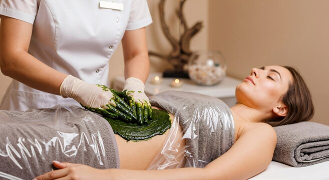 Woman therapist applying green mud algae wrap to a woman client during a spa treatment. Detoxification and relaxation concept for wellness.