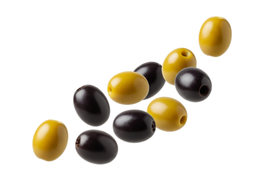 Assorted Pitted Black and Green Olives Flying on White Background