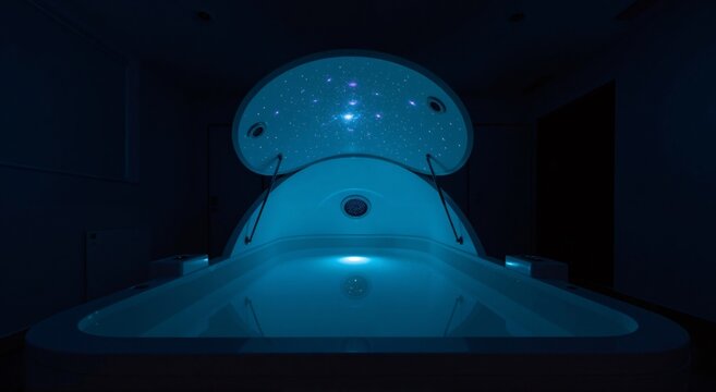 Sensory deprivation tank in a dark room. Float therapy pod illuminated with blue light and starry ceiling. Wellness and relaxation concept.
