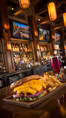 Fototapeta premium with lettuce, tomato, onion, and melted cheese served with fries on wooden tray