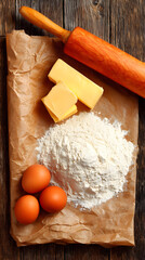 countertop with ingredients including flour, eggs, butter, and rolling pin arranged naturally