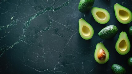 Avocado halves and whole avocados arranged beautifully on a dark marble background showcasing their vibrant green flesh and shiny skin