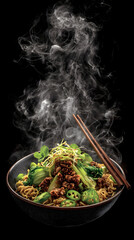 rice dish served with vegetables, fried egg, and flavorful herbs on banana leaf