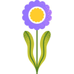 A Stylized Purple Flower with a Yellow Center and Green Leaves on a Transparent Background with a Textured Effect