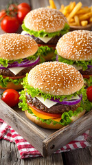 with lettuce, tomato, onion, and melted cheese served with fries on wooden tray