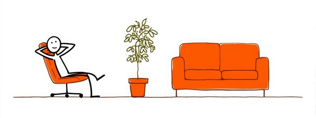 Stick Figure Taking a Break: A stick figure relaxing in the office lounge, taking a well-deserved break to recharge and refresh before returning to work.