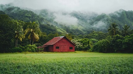 Obraz premium Red barn stands amidst lush greenery and misty mountains in a tranquil rural landscape showcasing nature's beauty