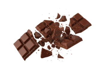 Exploding Dark Chocolate Bar: Delicious Chunks and Crumbled Pieces Flying Apart, Isolated on White for Sweet Treats and Baking.