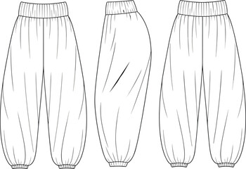 Unisex jogger pants vector illustration, front side and back view, elastic waist and cuffs with seam details, fashion CAD flat sketch