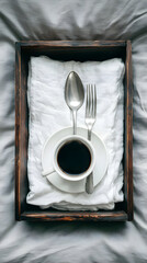 with white cup and spoon placed on linen cloth in minimal setting