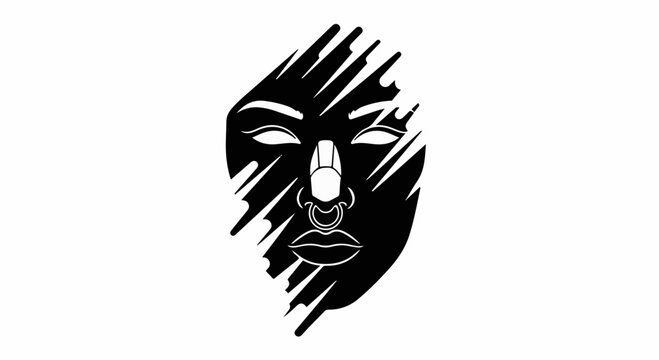 Striking abstract illustration of a stylized face with bold black lines and piercing details