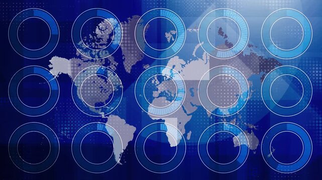 animated digital world map with futuristic blue circular progress bars showing fluctuating global data network activity and dynamic information flow across continents