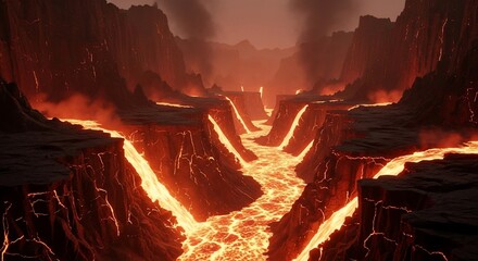 Volcanic canyon river of lava flowing between dark rocky cliffs