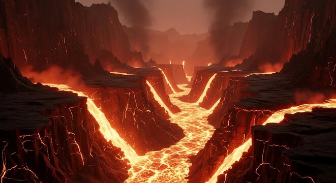 Volcanic canyon river of lava flowing between dark rocky cliffs - Powered by Adobe
