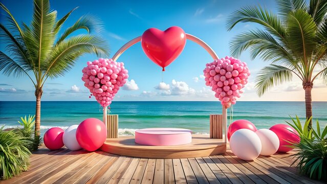 Romantic tropical beach wedding ceremony setup with heart arch balloons and pink podium for proposals or celebrations under a sunny sky