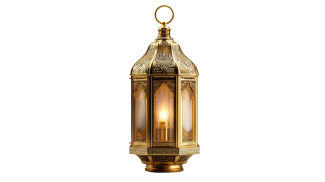 Ornate Golden Lantern with Lit Flame, cut out transparent