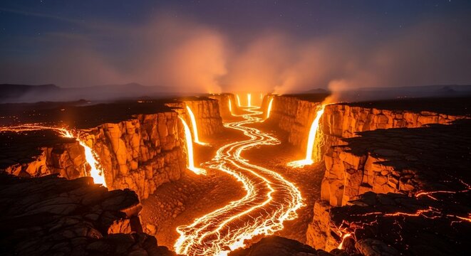 Volcanic lava river flowing down rocky cliff at night