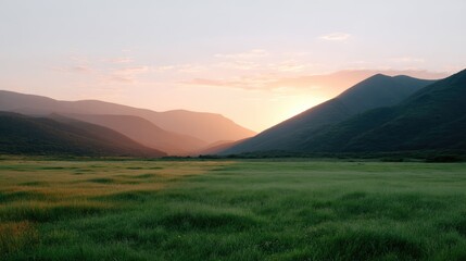 Fototapeta premium Serene Sunset Over Rolling Hills and Green Meadows in a Tranquil Landscape