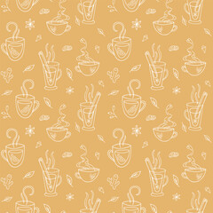 Cozy tea time outline seamless pattern. Hot herbal citrus tea background. Cute winter autumn illustration. Doodle warm drink template for package wallpaper label print