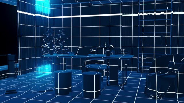 Digital Home Interior in Holographic Wireframe Style in Virtual Reality Concept Animation