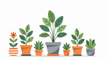 Fototapeta premium A collection of various houseplants in decorative pots. Modern flat design vector illustration. Gardening and home decor concept isolated on a white background