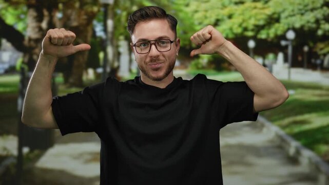 Young man outdoors in park, wearing black shirt, smiling and pointing at himself with thumbs, with trees and pathway in background, showing playful confident attitude.