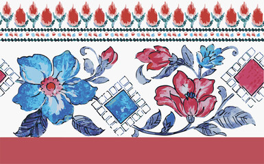 
hand painted traditional seamless pattern floral border design. paisley seamless flower border. watercolor flower art for saree border. Vector damask floral border.
