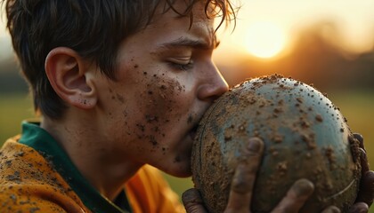 Young rugby player covered in mud kisses ball intensely after hard practice or game. He shows passion and dedication to sport. His face and jersey are dirty but his spirit is high.