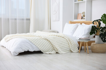 Beautiful room with comfortable bed. Interior design