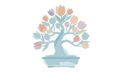 Tulip bonsai tree vector illustration, pastel floral artwork, artistic potted plant design, decorative nature graphic, serene abstract creative template