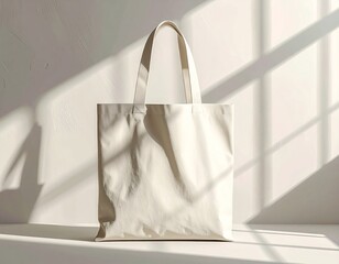 Minimal tote bag mockup on plain background, fabric texture visible, realistic lighting and shadows, ideal for branding showcase