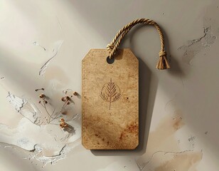 Realistic clothing hang tag mockup with string, embossed logo, premium kraft paper texture, minimal background