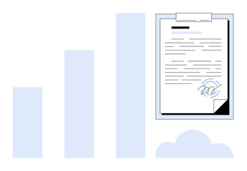 Signed document with a signature icon, growth chart, and cloud. Ideal for contract signing, digital solutions, cloud storage, business growth, e-signature data management and innovation. Simple