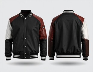 Realistic varsity jacket mockup with detailed embroidery patches and leather sleeves, premium fabric, soft shadow, studio lighting, front and back view