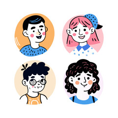 Portraits of young people. Cute funny characters. Trendy modern art. Cartoon, minimal, abstract contemporary doodle style. Round avatar, icon, logo templates. Hand drawn Vector isolated ... See More