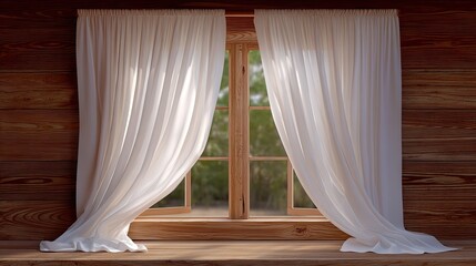 Soft White Curtains Hanging Elegantly in a Cozy Wooden Cabin Window with Natural Light Streaming In