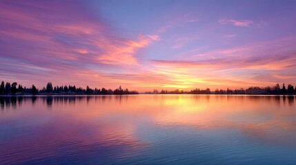 Fototapeta premium Serene Sunset Over Tranquil Lake with Vibrant Colors and Reflections in the Calm Water
