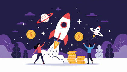 Fototapeta premium Business startup and investment concept illustration. Rocket launching into space symbolizing growth and success. Flat vector graphic with people and money.