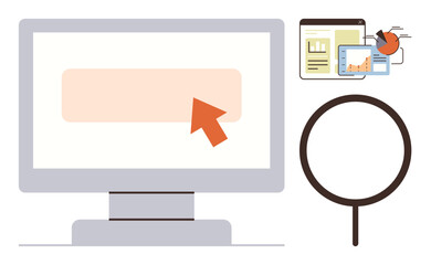 Desktop monitor with an arrow pointer, data charts, and search magnifier. Ideal for analysis, research, technology, decision-making, reports digital tools innovation. Simple flat metaphor