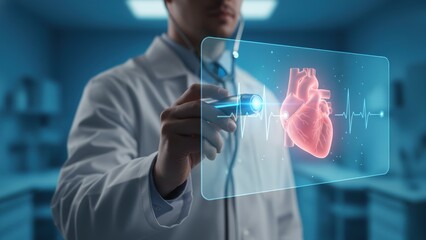 Man doctor using holographic heart and ecg display in blue lab, showing smart healthcare and cardiologist research