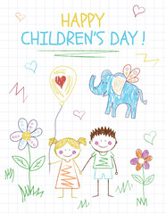 Happy Children’s Day card with kids crayon drawings, doodle paintings of children, a girl holding a balloon with a heart, a boy and a girl holding hands, and a hand-drawn flying elephant with florwers